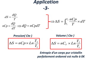 Application
-3-
T
dQ
dS 
 


2
1
T
T
dT
T
nCp
S
dT
dQ
nCp  nCpdT
dQ 


1
2
T
T
Ln
nCp
S 


1
2
T
T
Ln
nC
S V 


Pression( Cte ) Volume ( Cte )
Entropie d’un corps pur cristallin
parfaitement ordonné est nulle à 0K
 