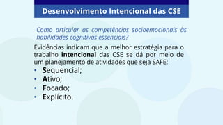 Desenvolvimento Intencional das CSE
Como articular as competências socioemocionais às
habilidades cognitivas essenciais?
Evidências indicam que a melhor estratégia para o
trabalho intencional das CSE se dá por meio de
um planejamento de atividades que seja SAFE:
• Sequencial;
• Ativo;
• Focado;
• Explícito.
 