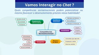 Quais competências socioemocionais podem potencializar ou
mesmo favorecer o desenvolvimento previsto nessa habilidade?
Vamos Interagir no Chat ?
 