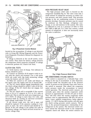 24 - 16     HEATING AND AIR CONDITIONING                                                                       ZJ

                                                             HIGH PRESSURE RELIEF VALVE
                                                               The high pressure relief valve is located on the
                                                             compressor manifold (Fig. 6). The valve vents only a
                                                             small amount of refrigerant necessary to reduce sys-
                                                             tem pressure and then reseats itself. This prevents
                                                             damage to the air conditioning system if excessive
                                                             pressure develops. Excessive pressure may be caused
                                                             by condenser air flow blockage, refrigerant over-
                                                             charge, or air and moisture in the system. The valve
                                                             is calibrated to vent at a pressure of 3445 to 4135
                                                             kPa (500 to 600 psi). If a valve has vented a small
                                                             amount of refrigerant, it does not necessarily mean
                                                             the valve is defective.




          Fig. 5 Powertrain Control Module
located on the accumulator. If voltage is not detected,
refer to Group 8W, Wiring Diagrams and the Power-
train Diagnostic Procedures Manual for diagnostic in-
formation.
  If voltage is detected at the cut-off switch, recon-
nect switch. Then check for battery voltage between
the compressor clutch connector terminals. If voltage
is detected, perform A/C Clutch Coil Tests.

CLUTCH COIL TESTS
  (1) Verify battery state of charge. Test indicator in
battery should be green.
  (2) Connect an ammeter (0-10 ampere scale) in se-                    Fig. 6 High Pressure Relief Valve
ries with the clutch coil terminal. Use a volt meter
(0-20 volt scale) with clip leads measuring voltage          AIR CONDITIONING CYCLING SWITCH
across the battery and A/C clutch.                              The switch is mounted on a Schrader-Type valve
  (3) With A/C control in A/C mode and blower at             fitting on the top of accumulator. A valve depressor,
low speed, start the engine and run at normal idle.          is located inside the threaded end of the pressure
  (4) The A/C clutch should engage immediately and           switch. It presses on the Schrader-Type valve stem as
the clutch voltage should be within 2 volts of the bat-      the switch is mounted. This allows the evaporator
tery voltage. If the A/C clutch does not engage, test        outlet pressure inside the accumulator to control
the fusible link.                                            switch operation. The electrical switch contacts are
  (5) The A/C clutch coil is acceptable if the current       normally open when the suction evaporator outlet
draw is 2.0 to 3.7 amperes at 11.5 to 12.5 volts at          pressure is approximately 172 kPa (25 psi) or lower.
clutch coil. This is with the work area temperature at       They will close when the suction evaporator outlet
21°C (70°F). If voltage is more than 12.5 volts, add         pressure rises to approximately 296 kPa (43 psi) or
electrical loads by turning on electrical accessories        above. Lower ambient temperatures, below approxi-
until voltage reads below 12.5 volts.
                                                             mately -1°C (30°F) during cold weather will also open
  If coil current reads zero, the coil is open and
                                                             the clutch cycling pressure switch contacts. This is
should be replaced. If the ammeter reading is 4 am-
                                                             due to the pressure/temperature relationship of the
peres or more, the coil is shorted and should be re-
                                                             refrigerant in the system. The electrical switch con-
placed. If the coil voltage is not within two volts of
the battery voltage, test clutch coil feed circuit for ex-   tacts control the electrical circuit to the compressor
cessive voltage drop.                                        magnetic clutch coil. When the switch contacts are
 