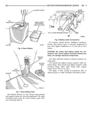 ZJ                                                       BATTERY/STARTER/GENERATOR SERVICE               8B - 3




                                                                   Fig. 8 Battery Cable Connections
                                                           (11) Loosely install battery holddown hardware.
                                                         Ensure that battery base is correctly positioned in
                                                         tray, then tighten holddowns to 2.2 N⅐m (20 in. lbs.)
                Fig. 6 Clean Battery                     torque.

                                                         CAUTION: Be certain that battery cables are con-
                                                         nected to the correct battery terminals. Reverse po-
                                                         larity can damage electrical components.

                                                           (12) Place oiled felt washer on battery positive ter-
                                                         minal post.
                                                           (13) Install and tighten battery positive cable ter-
                                                         minal clamp. Then install and tighten negative cable
                                                         terminal clamp. Both cable clamp bolts require
                                                         torque of 8.5 N⅐m (75 in. lbs.).
                                                           (14) Apply a thin coating of petroleum jelly or
                                                         chassis grease to cable terminals and battery posts.




              Fig. 7 Clean Battery Post
  (10) Position battery in tray. Ensure that positive
and negative posts are correctly positioned. The cable
terminals must reach the correct battery post with-
out stretching (Fig. 8).
 