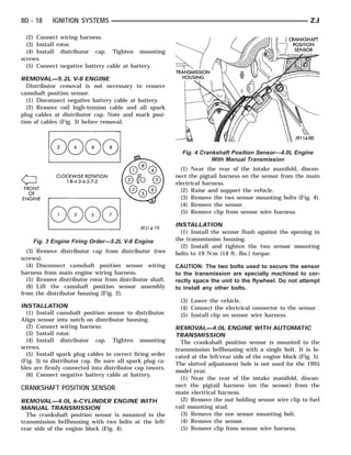 8D - 18     IGNITION SYSTEMS                                                                                   ZJ

  (2) Connect wiring harness.
  (3) Install rotor.
  (4) Install distributor cap. Tighten mounting
screws.
  (5) Connect negative battery cable at battery.

REMOVAL—5.2L V-8 ENGINE
  Distributor removal is not necessary to remove
camshaft position sensor.
  (1) Disconnect negative battery cable at battery.
  (2) Remove coil high-tension cable and all spark
plug cables at distributor cap. Note and mark posi-
tion of cables (Fig. 3) before removal.




                                                            Fig. 4 Crankshaft Position Sensor—4.0L Engine
                                                                       With Manual Transmission
                                                            (1) Near the rear of the intake manifold, discon-
                                                          nect the pigtail harness on the sensor from the main
                                                          electrical harness.
                                                            (2) Raise and support the vehicle.
                                                            (3) Remove the two sensor mounting bolts (Fig. 4).
                                                            (4) Remove the sensor.
                                                            (5) Remove clip from sensor wire harness.

                                                          INSTALLATION
                                                            (1) Install the sensor flush against the opening in
    Fig. 3 Engine Firing Order—5.2L V-8 Engine            the transmission housing.
                                                            (2) Install and tighten the two sensor mounting
  (3) Remove distributor cap from distributor (two        bolts to 19 N⅐m (14 ft. lbs.) torque.
screws).
  (4) Disconnect camshaft position sensor wiring          CAUTION: The two bolts used to secure the sensor
harness from main engine wiring harness.                  to the transmission are specially machined to cor-
  (5) Remove distributor rotor from distributor shaft.    rectly space the unit to the flywheel. Do not attempt
  (6) Lift the camshaft position sensor assembly          to install any other bolts.
from the distributor housing (Fig. 2).
                                                            (3) Lower the vehicle.
INSTALLATION                                                (4) Connect the electrical connector to the sensor.
  (1) Install camshaft position sensor to distributor.      (5) Install clip on sensor wire harness.
Align sensor into notch on distributor housing.
  (2) Connect wiring harness.                             REMOVAL—4.0L ENGINE WITH AUTOMATIC
  (3) Install rotor.                                      TRANSMISSION
  (4) Install distributor cap. Tighten mounting             The crankshaft position sensor is mounted to the
screws.                                                   transmission bellhousing with a single bolt. It is lo-
  (5) Install spark plug cables in correct firing order   cated at the left/rear side of the engine block (Fig. 5).
(Fig. 3) to distributor cap. Be sure all spark plug ca-
                                                          The slotted adjustment hole is not used for the 1995
bles are firmly connected into distributor cap towers.
                                                          model year.
  (6) Connect negative battery cable at battery.
                                                            (1) Near the rear of the intake manifold, discon-
CRANKSHAFT POSITION SENSOR                                nect the pigtail harness (on the sensor) from the
                                                          main electrical harness.
REMOVAL—4.0L 6-CYLINDER ENGINE WITH                         (2) Remove the nut holding sensor wire clip to fuel
MANUAL TRANSMISSION                                       rail mounting stud.
  The crankshaft position sensor is mounted to the          (3) Remove the one sensor mounting bolt.
transmission bellhousing with two bolts at the left/        (4) Remove the sensor.
rear side of the engine block (Fig. 4).                     (5) Remove clip from sensor wire harness.
 