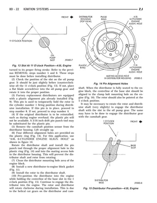8D - 22     IGNITION SYSTEMS                                                                                   ZJ




  Fig. 13 Slot At 11 O’clock Position—4.0L Engine
turned to its proper firing stroke. Refer to the previ-
ous REMOVAL steps number 5 and 6. These steps
must be done before installing distributor.
   (2) Check the position of the slot on the oil pump
gear. It should be just slightly before (counterclock-                  Fig. 14 Pin Alignment Holes
wise of) the 11 o’clock position (Fig. 13). If not, place
a flat blade screwdriver into the oil pump gear and         shaft. When the distributor is fully seated to the en-
rotate it into the proper position.                         gine block, the centerline of the base slot should be
   (3) Factory replacement distributors are equipped        aligned to the clamp bolt mounting hole on the en-
with a plastic alignment pin already installed (Fig.        gine (Fig. 16). The rotor should also be pointed at the
9). This pin is used to temporarily hold the rotor to       5 o’clock position.
the cylinder number 1 firing position during distrib-         It may be necessary to rotate the rotor and distrib-
utor installation. If this pin is in place, proceed to      utor shaft (very slightly) to engage the distributor
step number 8. If not, proceed to step number 4.            shaft with the slot in the oil pump gear. The same
   (4) If the original distributor is to be reinstalled,    may have to be done to engage the distributor gear
such as during engine overhaul, the plastic pin will        with the camshaft gear.
not be available. A 3/16 inch drift pin punch tool may
be substituted for the plastic pin.
   (5) Remove the camshaft position sensor from the
distributor housing. Lift straight up.
   (6) Four different alignment holes are provided on
the plastic ring (Fig. 14). For this application, use
‘‘4.0L 6-CYLINDER ENGINE ALIGN. HOLE’’ as
shown in figure 14.
   Rotate the distributor shaft and install the pin
punch tool through the proper alignment hole in the
plastic ring (Fig. 14) and into the mating access hole
in the distributor housing. This will prevent the dis-
tributor shaft and rotor from rotating.
   (7) Clean the distributor mounting hole area of the
engine block.
   (8) Install a new distributor-to-engine block gasket
(Fig. 11).
   (9) Install the rotor to the distributor shaft.
   (10) Pre-position the distributor into the engine
while holding the centerline of the base slot in the 1
o’clock position (Fig. 15). Continue to engage the dis-
tributor into the engine. The rotor and distributor
will rotate clockwise during installation. This is due          Fig. 15 Distributor Pre-position—4.0L Engine
to the helical cut gears on the distributor and cam-
 