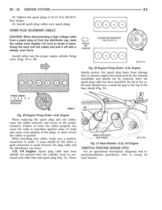8D - 28     IGNITION SYSTEMS                                                                                  ZJ

  (2) Tighten the spark plugs to 35-41 N⅐m (26-30 ft.
lbs.) torque.
  (3) Install spark plug cables over spark plugs.

SPARK PLUG SECONDARY CABLES
CAUTION: When disconnecting a high voltage cable
from a spark plug or from the distributor cap, twist
the rubber boot slightly (1/2 turn) to break it loose.
Grasp the boot (not the cable) and pull it off with a
steady, even force.

  Install cables into the proper engine cylinder firing
order (Figs. 29 or 30).


                                                                Fig. 30 Engine Firing Order—5.2L Engine
                                                           shields protect the spark plug boots from damage
                                                           (due to intense engine heat generated by the exhaust
                                                           manifolds) and should not be removed. After the
                                                           spark plug cable has been installed, the lip of the ca-
                                                           ble boot should have a small air gap to the top of the
                                                           heat shield (Fig. 31).




      Fig. 29 Engine Firing Order—4.0L Engine
  When replacing the spark plug and coil cables,
route the cables correctly and secure in the proper
retainers. Failure to route the cables properly can
cause the radio to reproduce ignition noise. It could
also cause cross ignition of the plugs, or short circuit
the cables to ground.
  When installing new cables, make sure a positive
connection is made. A snap should be felt when a
                                                                  Fig. 31 Heat Shields—5.2L V-8 Engine
good connection is made between the plug cable and
the distributor cap tower.                                 THROTTLE POSITION SENSOR (TPS)
  5.2L V-8 Engine: Spark plug cable boot heat               For an operational description, diagnosis and re-
shields are pressed into the cylinder head to sur-         moval/installation procedures, refer to Group 14,
round each cable boot and spark plug (Fig. 31). These      Fuel System.
 