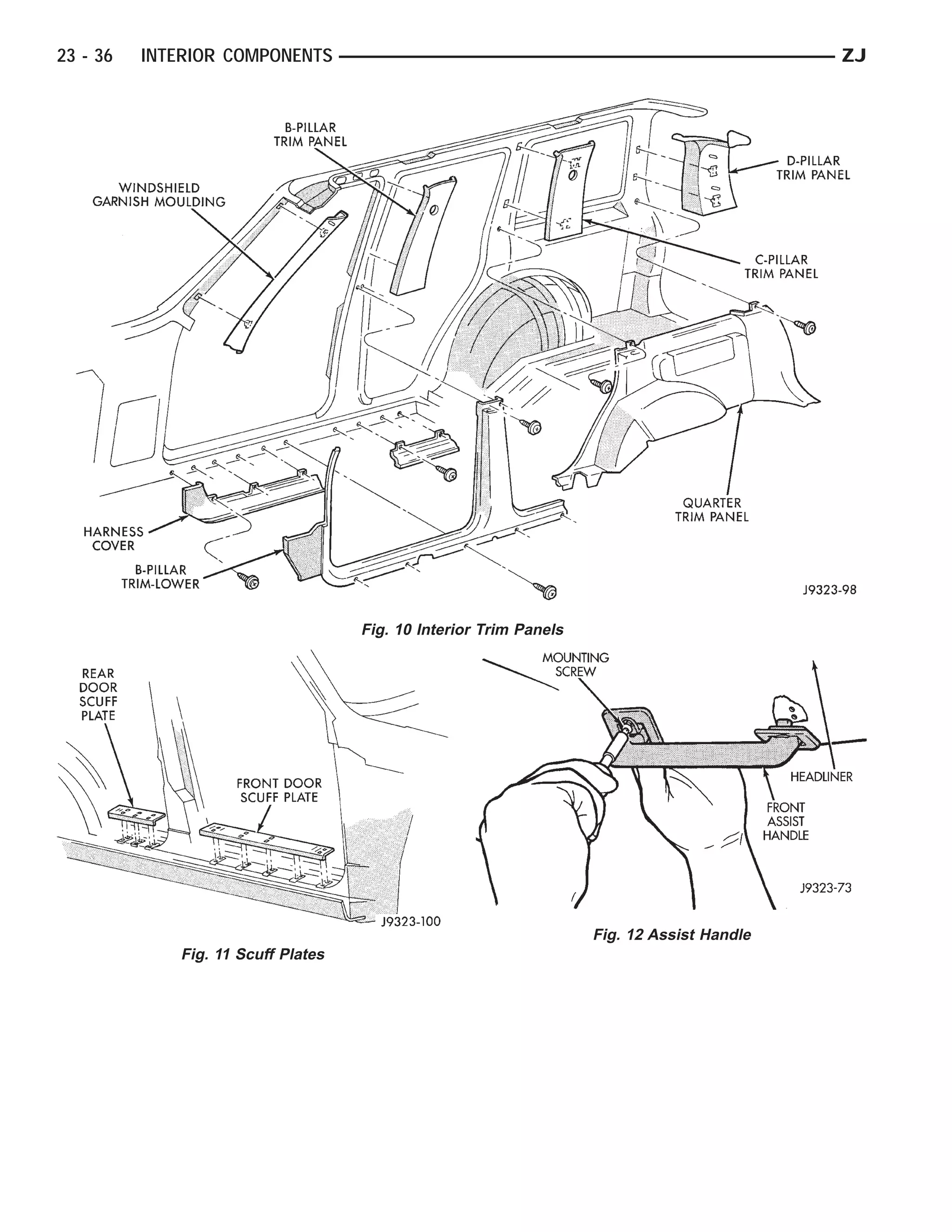 23 - 36   INTERIOR COMPONENTS                                                              ZJ




                                    Fig. 10 Interior Trim Panels




                                                                   Fig. 12 Assist Handle
             Fig. 11 Scuff Plates
 