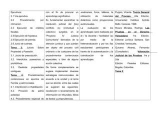 Ejecutivos:
2.1 Vía ejecutiva.
2.2 Procedimiento por
intimación.
2.3 Ejecución de créditos
fiscales.
2.4 Ejecución de hipoteca.
2.5 Ejecución de prenda.
2.6 Juicio de cuentas.
Tema 3: Juicios Sobre
Propiedad y Posesión.
3.1. Juicio de prescripción.
3.2. Interdictos: posesorios y
prohibitivos.
3.3. Deslinde propiedades
contiguas.
Tema 4: Procedimientos
contenciosos en asuntos de
Familia y patrimoniales.
4.1. Interdicción e inhabilitación.
4.2. Privación de patria
potestad.
4.3. Procedimiento especial de
con el fin de procurar un
aprendizaje significativo.
Es fundamental escenificar la
resolución judicial del (los)
conflicto (s) (individual o
colectivo) surgidos en el
“Proyecto IV Justicia
Comunitaria” derivados de la
atención jurídica y que puedan
ser objeto del proceso civil
ordinario o de cualquiera de los
procedimientos contenciosos
especiales; o bien de alguna
acción colectiva.
De forma complementaria se
sugiere implementar diversas
estrategias instruccionales, de
acuerdo a la unidad y el tema
que se aborde, entre las cuales
se sugieren las siguientes:
recolección o levantamiento de
información en tribunales, libros
de textos y jurisprudencias.
-exámenes, foros, talleres, la
utilización de materiales
didácticos como proyecciones
audiovisuales.
La evaluación de los
aprendizajes será realizada por
el / la docente / facilitador (a)
por medio de la
heteroevaluación y por los /las
estudiantes/ participantes a
través de la autoevaluación y la
coevaluación de los
aprendizajes.
Puppio, Vicente. Teoría General
del Proceso. 2da Edición,
Universidad Católica Andrés
Bello. Caracas, 1998.
Rivera Morales, Rodrigo. Las
Pruebas en el Derecho
Venezolano 1ra Edición.
Editorial Jurídica Santana. San
Cristóbal, Venezuela.
Quiceno Alvarez, Fernando
(Compilador). Valoración
Judicial de las Pruebas. 1ra y
2da
Edición. Paredes Editores.
Bogota, Colombia.
Tema 2:
 