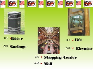 BrE
AmE
Litter
Garbage
BrE
AmE Elevator
Lift
BrE
AmE
Shopping Center
Mall
 