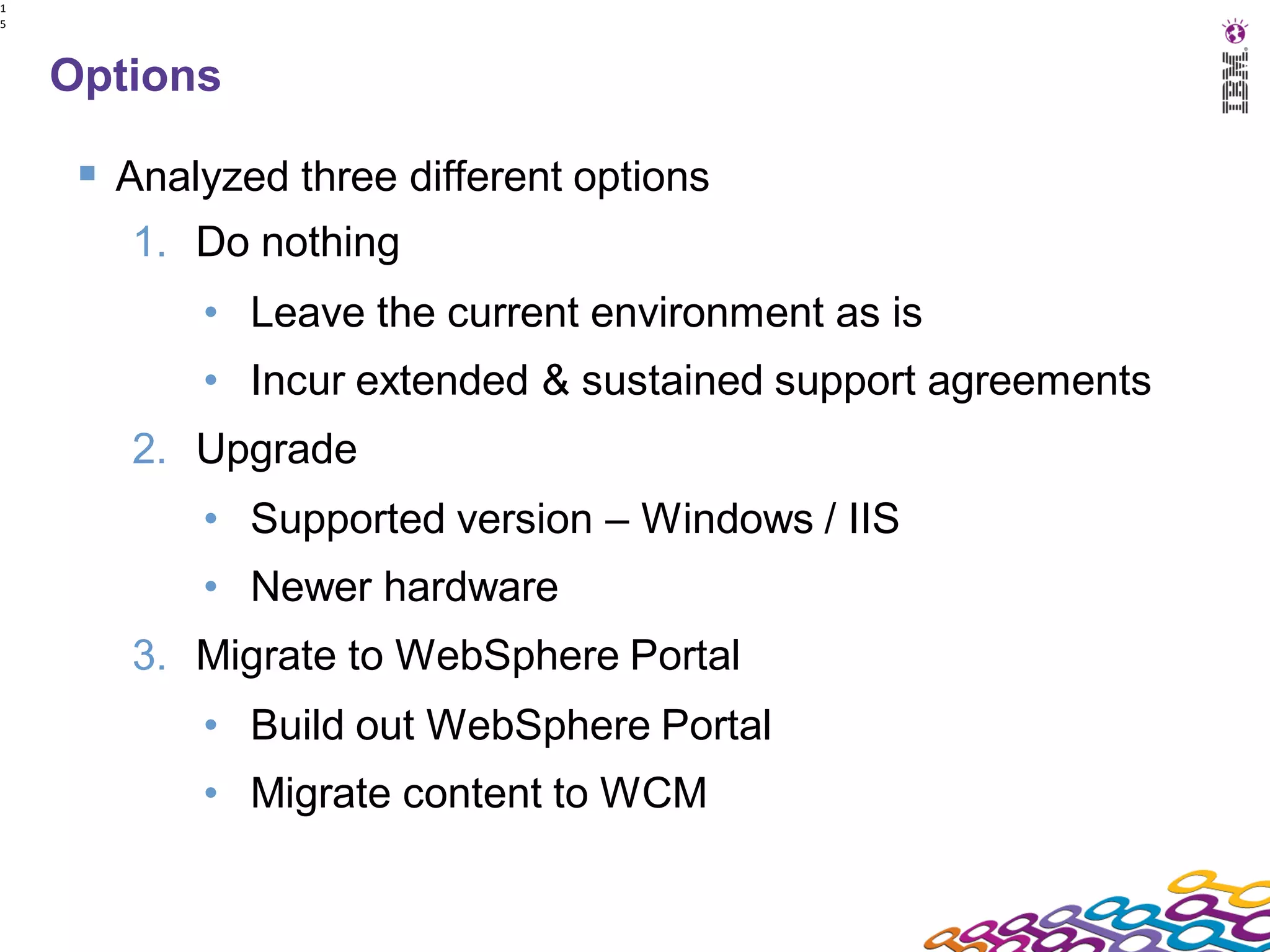 1
5




    Options

      Analyzed three different options
       1. Do nothing
           • Leave the current environment as is
           • Incur extended & sustained support agreements
       2. Upgrade
           • Supported version – Windows / IIS
           • Newer hardware
       3. Migrate to WebSphere Portal
           • Build out WebSphere Portal
           • Migrate content to WCM
 