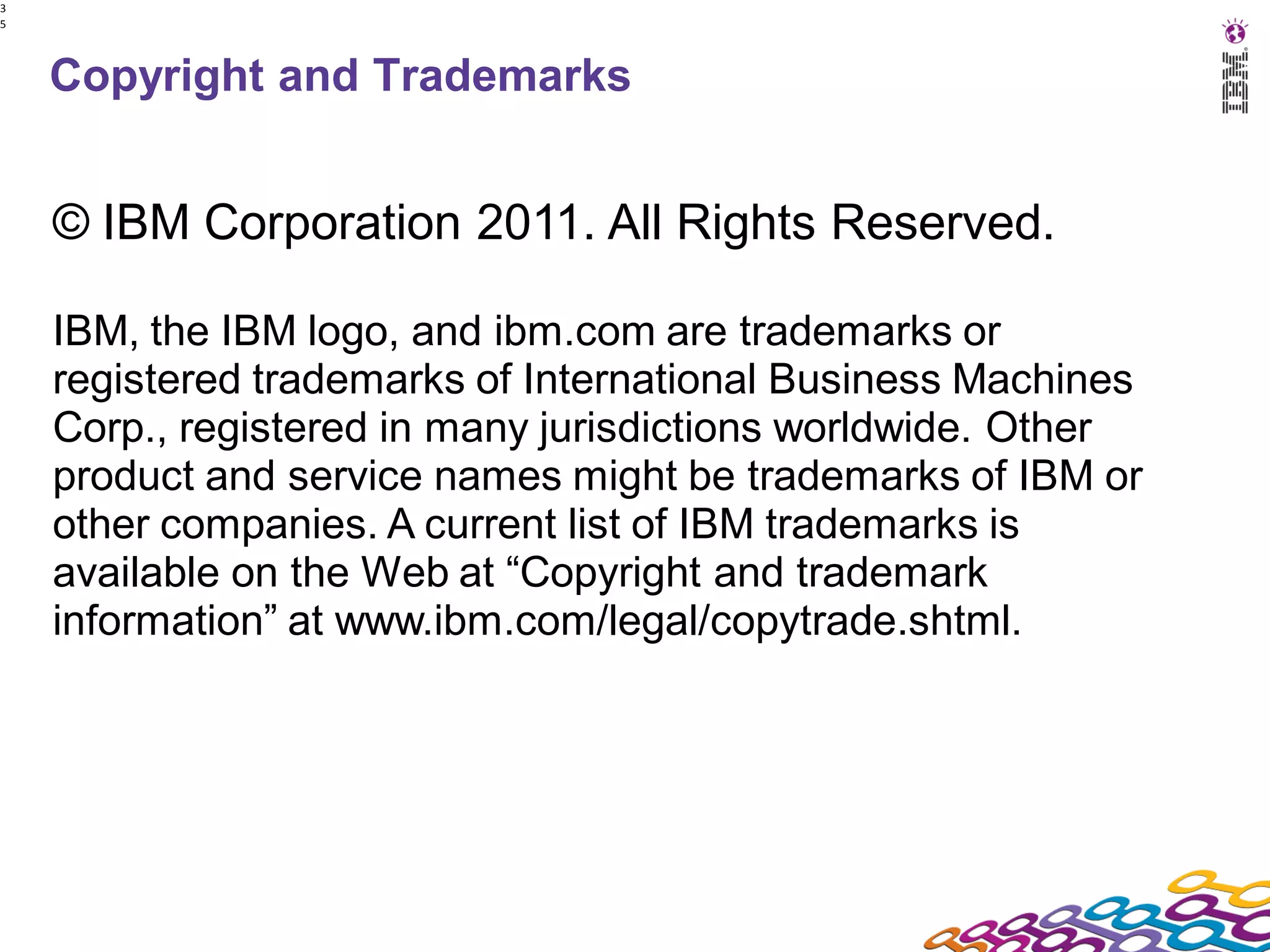 3
5




    Copyright and Trademarks


    © IBM Corporation 2011. All Rights Reserved.

    IBM, the IBM logo, and ibm.com are trademarks or
    registered trademarks of International Business Machines
    Corp., registered in many jurisdictions worldwide. Other
    product and service names might be trademarks of IBM or
    other companies. A current list of IBM trademarks is
    available on the Web at “Copyright and trademark
    information” at www.ibm.com/legal/copytrade.shtml.
 
