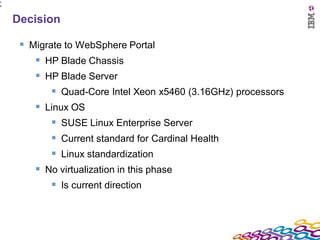 1
6




    Decision

      Migrate to WebSphere Portal
         HP Blade Chassis
         HP Blade Server
             Quad-Core Intel Xeon x5460 (3.16GHz) processors
         Linux OS
             SUSE Linux Enterprise Server
             Current standard for Cardinal Health
             Linux standardization
         No virtualization in this phase
             Is current direction
 