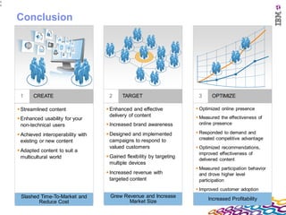 3
3




    Conclusion




     1     CREATE                       2     TARGET                        3     OPTIMIZE

     Streamlined content               Enhanced and effective             Optimized online presence
                                         delivery of content                Measured the effectiveness of
     Enhanced usability for your
      non-technical users               Increased brand awareness           online presence

     Achieved interoperability with    Designed and implemented           Responded to demand and
                                         campaigns to respond to             created competitive advantage
      existing or new content
                                         valued customers                   Optimized recommendations,
     Adapted content to suit a
                                                                             improved effectiveness of
      multicultural world               Gained flexibility by targeting
                                                                             delivered content
                                         multiple devices
                                                                            Measured participation behavior
                                        Increased revenue with              and drove higher level
                                         targeted content                    participation
                                                                            Improved customer adoption
     Slashed Time-To-Market and         Grew Revenue and Increase
                                               Market Size                      Increased Profitability
            Reduce Cost
 