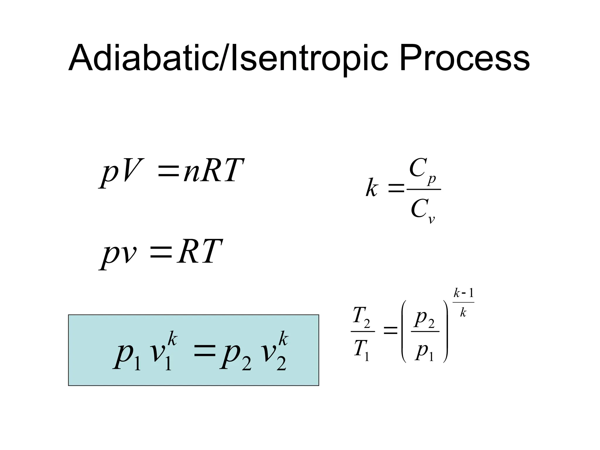 Adiabatic/Isentropic Process
nRT
pV 
RT
pv 
v
p
C
C
k 
k
k
p
p
T
T
1
1
2
1
2










k
k
v
p
v
p 2
2
1
1 
 