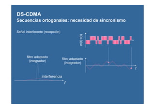 m(t)·c(t)
Señal interferente (recepción)
DS-CDMA
Secuencias ortogonales: necesidad de sincronismo
filtro adaptado
(integrador)
interferencia
f
t
filtro adaptado
(integrador)
 