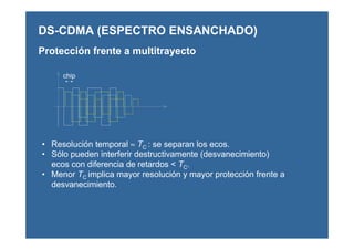DS-CDMA (ESPECTRO ENSANCHADO)
Protección frente a multitrayecto
chip
• Resolución temporal ≈ TC : se separan los ecos.
• Sólo pueden interferir destructivamente (desvanecimiento)
ecos con diferencia de retardos < TC.
• Menor TC implica mayor resolución y mayor protección frente a
desvanecimiento.
 