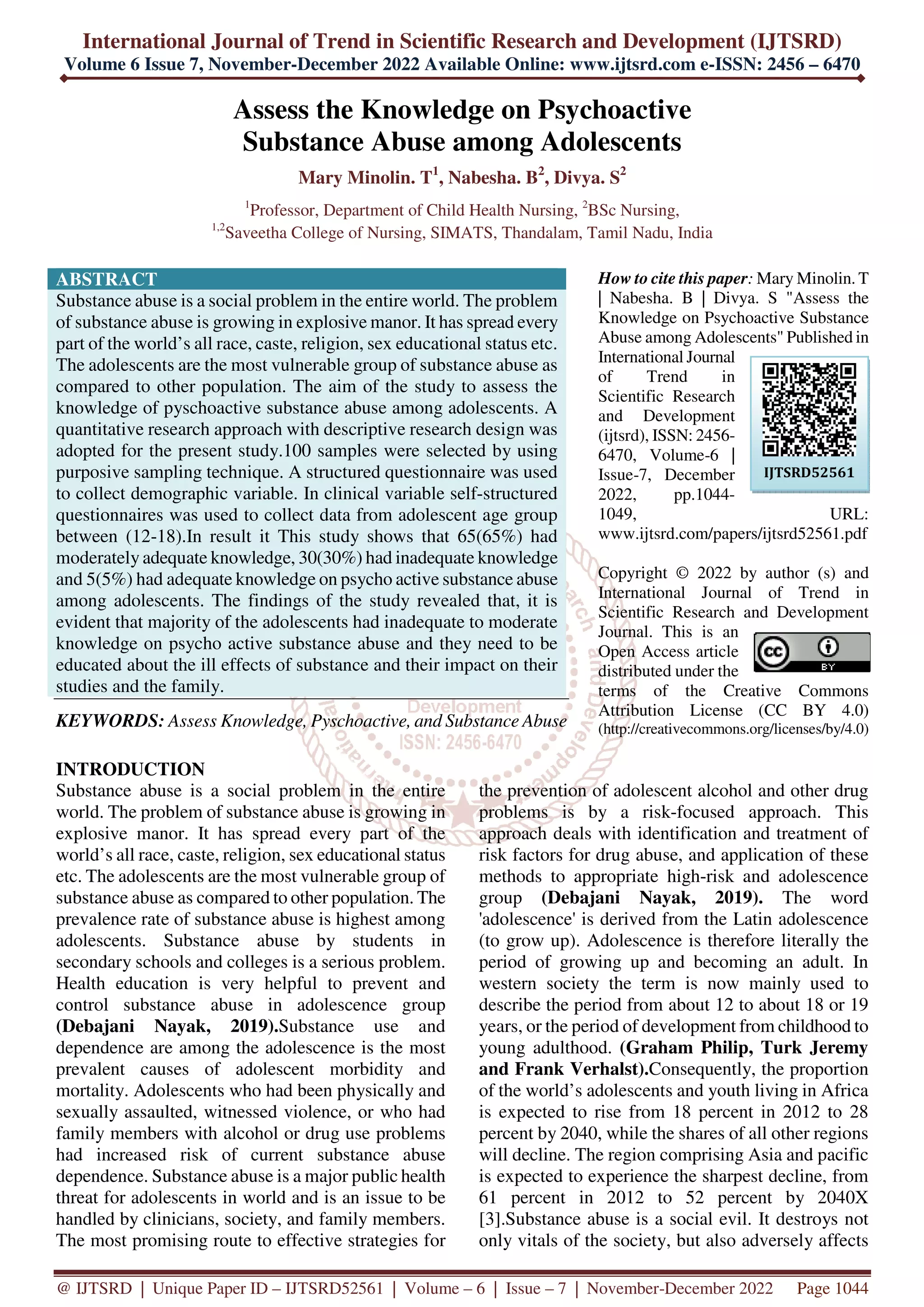 Assess the Knowledge on Psychoactive Substance Abuse among Adolescents ...