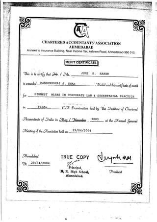 ICA Gold Medal Certificate