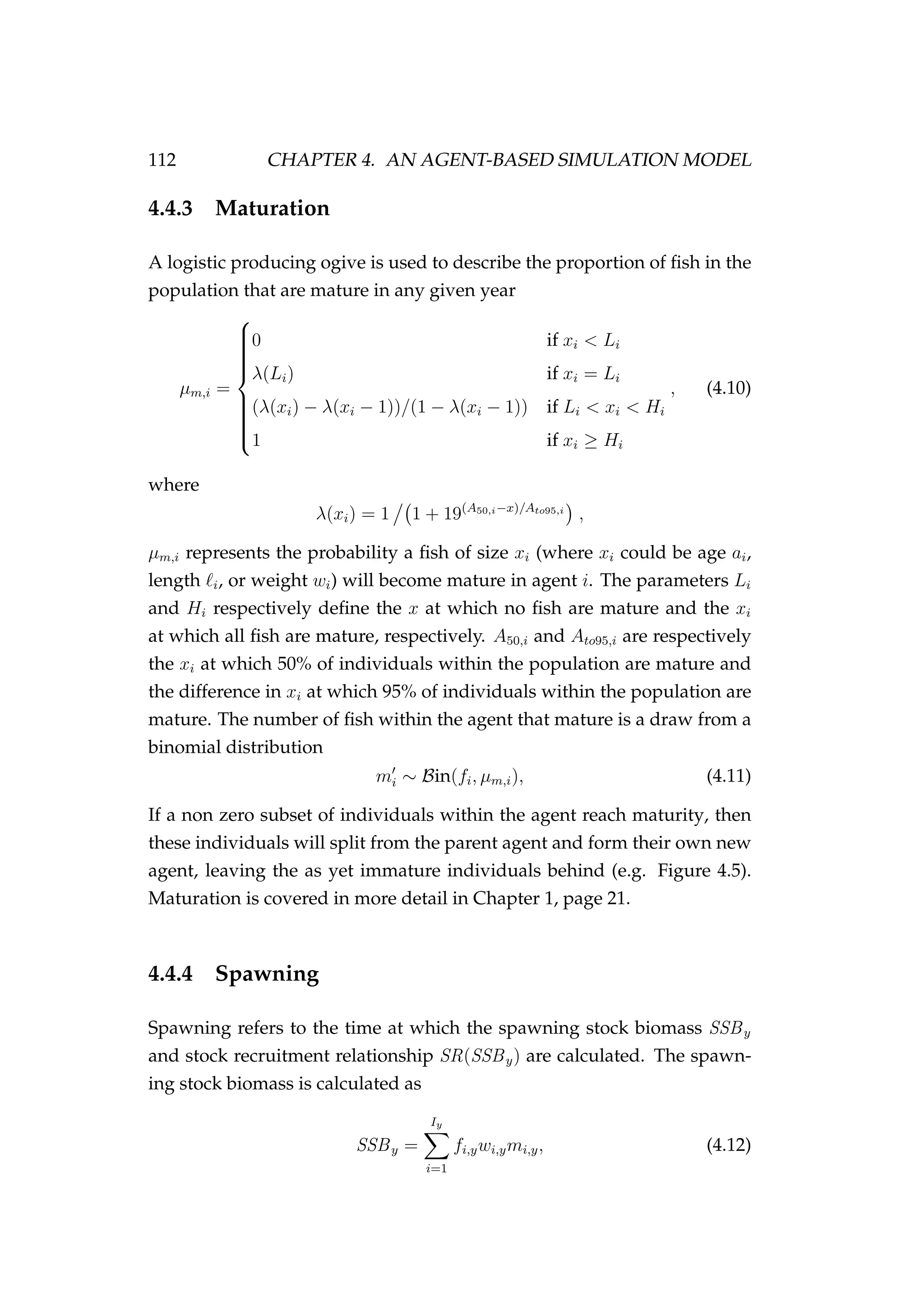 112 CHAPTER 4. AN AGENT-BASED SIMULATION MODEL
4.4.3 Maturation
A logistic producing ogive is used to describe the proportion of ﬁsh in the
population that are mature in any given year
µm,i =



0 if xi < Li
λ(Li) if xi = Li
(λ(xi) − λ(xi − 1))/(1 − λ(xi − 1)) if Li < xi < Hi
1 if xi ≥ Hi
, (4.10)
where
λ(xi) = 1 1 + 19(A50,i−x)/Ato95,i
,
µm,i represents the probability a ﬁsh of size xi (where xi could be age ai,
length i, or weight wi) will become mature in agent i. The parameters Li
and Hi respectively deﬁne the x at which no ﬁsh are mature and the xi
at which all ﬁsh are mature, respectively. A50,i and Ato95,i are respectively
the xi at which 50% of individuals within the population are mature and
the difference in xi at which 95% of individuals within the population are
mature. The number of ﬁsh within the agent that mature is a draw from a
binomial distribution
mi ∼ Bin(fi, µm,i), (4.11)
If a non zero subset of individuals within the agent reach maturity, then
these individuals will split from the parent agent and form their own new
agent, leaving the as yet immature individuals behind (e.g. Figure 4.5).
Maturation is covered in more detail in Chapter 1, page 21.
4.4.4 Spawning
Spawning refers to the time at which the spawning stock biomass SSBy
and stock recruitment relationship SR(SSBy) are calculated. The spawn-
ing stock biomass is calculated as
SSBy =
Iy
i=1
fi,ywi,ymi,y, (4.12)
 