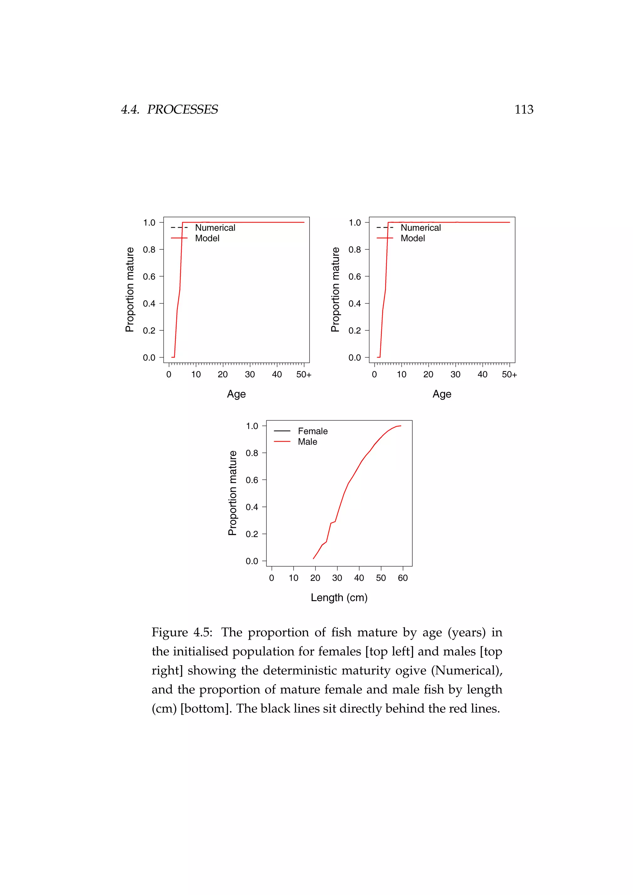 4.4. PROCESSES 113
Figure 4.5: The proportion of ﬁsh mature by age (years) in
the initialised population for females [top left] and males [top
right] showing the deterministic maturity ogive (Numerical),
and the proportion of mature female and male ﬁsh by length
(cm) [bottom]. The black lines sit directly behind the red lines.
 