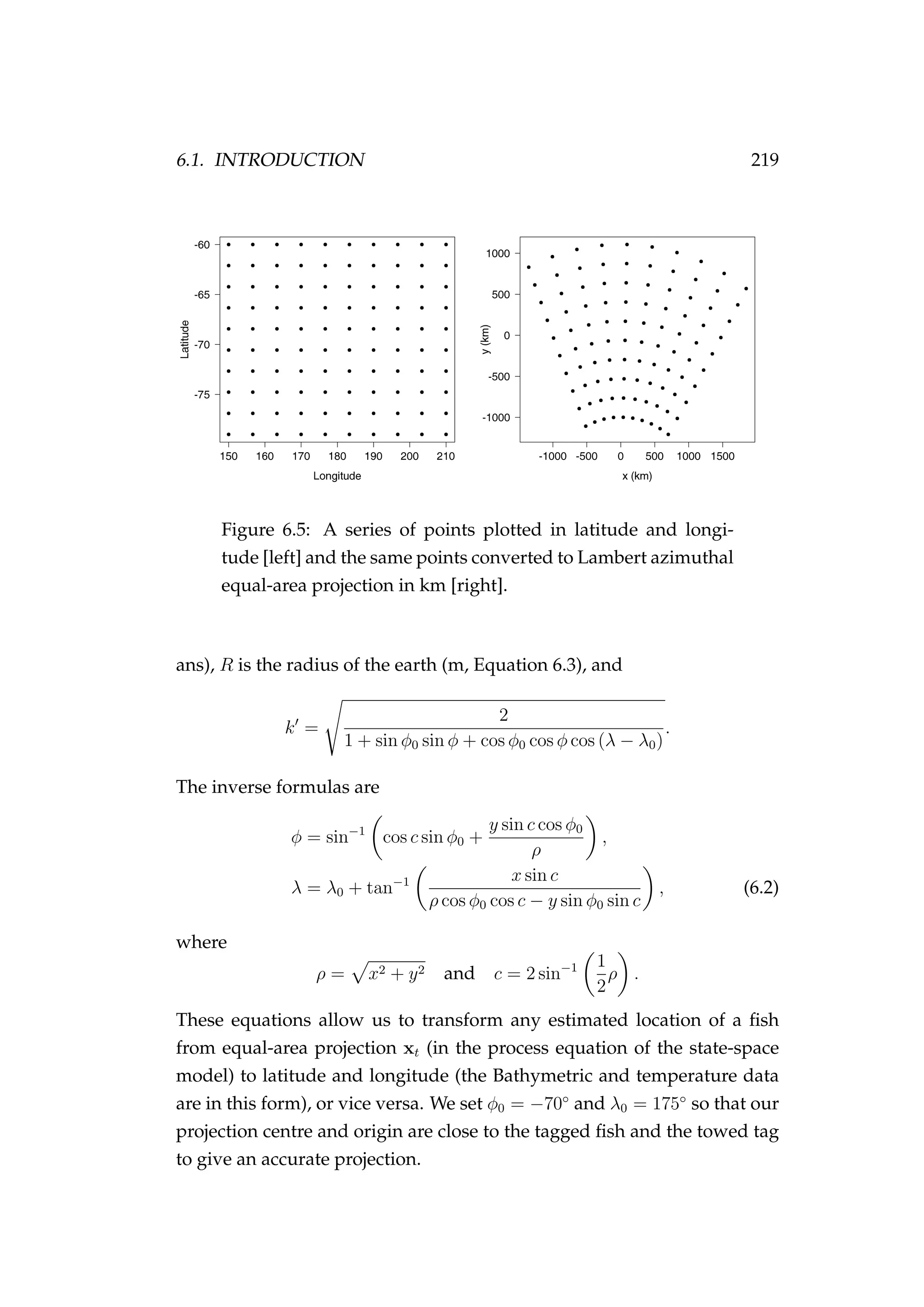 6.1. INTRODUCTION 219
Figure 6.5: A series of points plotted in latitude and longi-
tude [left] and the same points converted to Lambert azimuthal
equal-area projection in km [right].
ans), R is the radius of the earth (m, Equation 6.3), and
k =
2
1 + sin φ0 sin φ + cos φ0 cos φ cos (λ − λ0)
.
The inverse formulas are
φ = sin−1
cos c sin φ0 +
y sin c cos φ0
ρ
,
λ = λ0 + tan−1 x sin c
ρ cos φ0 cos c − y sin φ0 sin c
, (6.2)
where
ρ = x2 + y2 and c = 2 sin−1 1
2
ρ .
These equations allow us to transform any estimated location of a ﬁsh
from equal-area projection xt (in the process equation of the state-space
model) to latitude and longitude (the Bathymetric and temperature data
are in this form), or vice versa. We set φ0 = −70◦
and λ0 = 175◦
so that our
projection centre and origin are close to the tagged ﬁsh and the towed tag
to give an accurate projection.
 