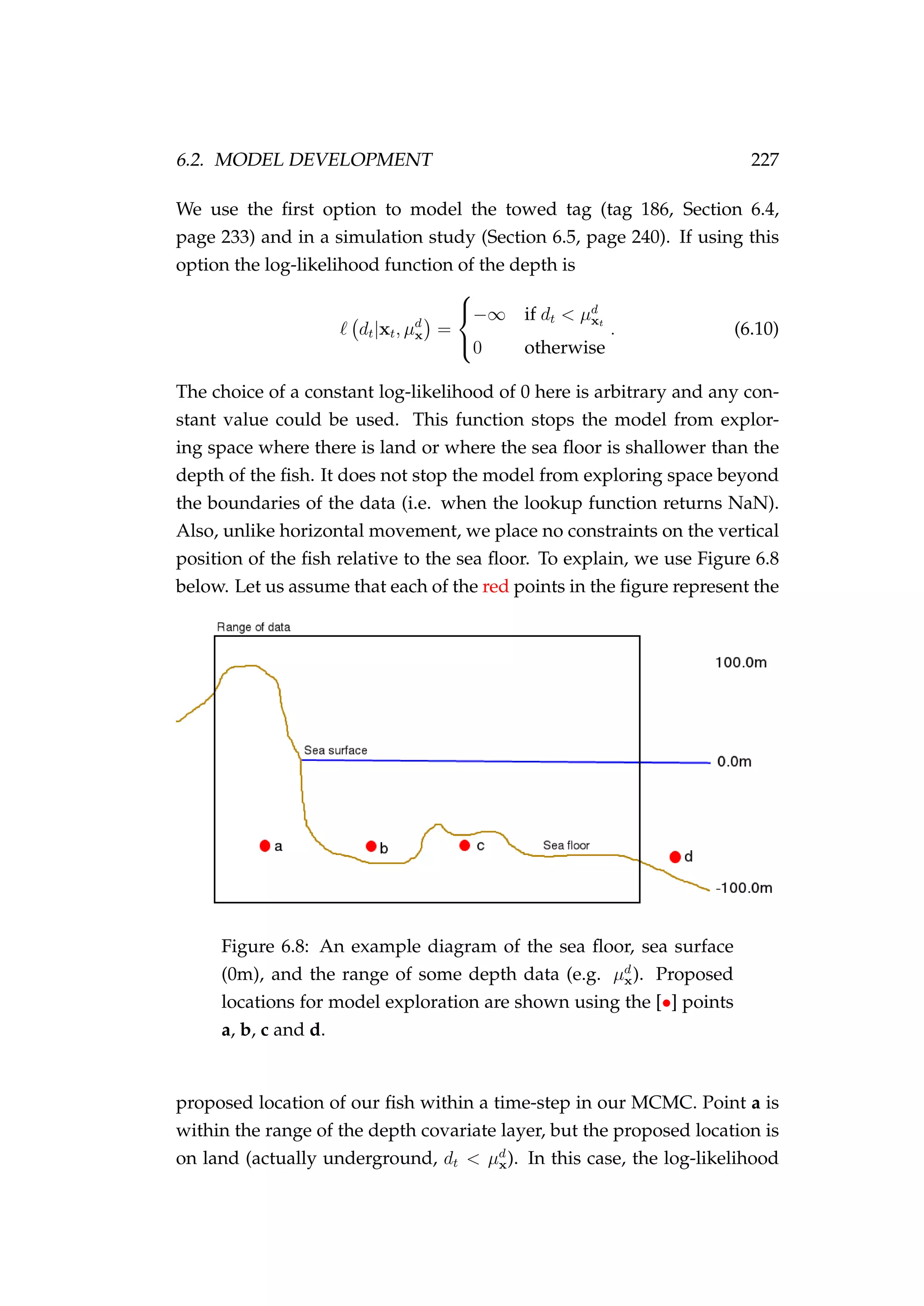 6.2. MODEL DEVELOPMENT 227
We use the ﬁrst option to model the towed tag (tag 186, Section 6.4,
page 233) and in a simulation study (Section 6.5, page 240). If using this
option the log-likelihood function of the depth is
dt|xt, µd
x =



−∞ if dt < µd
xt
0 otherwise
. (6.10)
The choice of a constant log-likelihood of 0 here is arbitrary and any con-
stant value could be used. This function stops the model from explor-
ing space where there is land or where the sea ﬂoor is shallower than the
depth of the ﬁsh. It does not stop the model from exploring space beyond
the boundaries of the data (i.e. when the lookup function returns NaN).
Also, unlike horizontal movement, we place no constraints on the vertical
position of the ﬁsh relative to the sea ﬂoor. To explain, we use Figure 6.8
below. Let us assume that each of the red points in the ﬁgure represent the
Figure 6.8: An example diagram of the sea ﬂoor, sea surface
(0m), and the range of some depth data (e.g. µd
x). Proposed
locations for model exploration are shown using the [•] points
a, b, c and d.
proposed location of our ﬁsh within a time-step in our MCMC. Point a is
within the range of the depth covariate layer, but the proposed location is
on land (actually underground, dt < µd
x). In this case, the log-likelihood
 