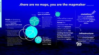 .there are no maps, you are the mapmaker
We are increasingly moving
from a world of predictability
and standardization where
there are simple problems,
single solutions and best
practices. To a world that has
complex problems with
multiple solutions which only
emerge after they are
inﬂuenced by an input
variable.
Continuing along the vector
of the current paradigm.
Becoming a highly efﬁcient
component in a different
value chain.
a. What customers ﬁnd valuable to pay
for is changing 
b. Technology is changing how  
people do stuff leading to a
mutation of processes  
(e.g. SMS and payments  
become the same process)  
c. People organize in multiple
immediate networks, lasting from
seconds to months or years. These
networks are distributed, they don’t
have a plan and only react when
input hits them. Companies are the
input variable.
People are developing
new demand patters our
current business
organizations can’t meet
Enkle
Komplisert
Komplekst
Kaotisk
We’re facing new
types of problems
Entering new paradigms,
offering new processes to
help the customers progress.
Establishing new value
chains.
There will be a natural
separation between
format (the
processes+tech. ﬁrms
offer) and resource
(what is valuable to
people), where the
existing format stops
being inseparable
from the resource and
becomes an option.
.mutations
.infrastructure
We need
new types of
organization
s around new
types of data
PART1B:GrowingComplexity
- Shoshana Zuboff
 