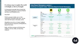 It is always easy to explain the world
in hindsight, so lets try foresight:
It is becoming increasingly clear to banks that
where FinTech proposes no real threat WeChat
and other social life-platforms do.
How/why?
FinTech proposes to better one or a few
components in the banks value chain - but the
chain itself will remain in the banks control.
Life-platforms turns this on its head. Suddenly
banks become the component and life-platforms
become the chains.
Banks, with their processes and infrastructure
suddenly, and very visibly, are becoming
irrelevant.
link
PART5:Choiceandhownottoseeit..
 