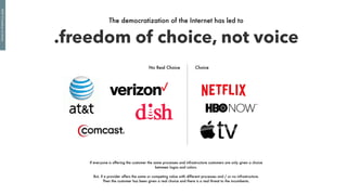 .freedom of choice, not voice
The democratization of the Internet has led to
If everyone is offering the customer the same...