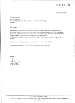 Appreciation Letter from Dexler for SAP B1 Certification