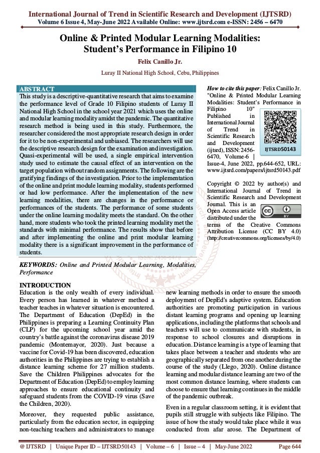 Online and Printed Modular Learning Modalities Student’s Performance in ...