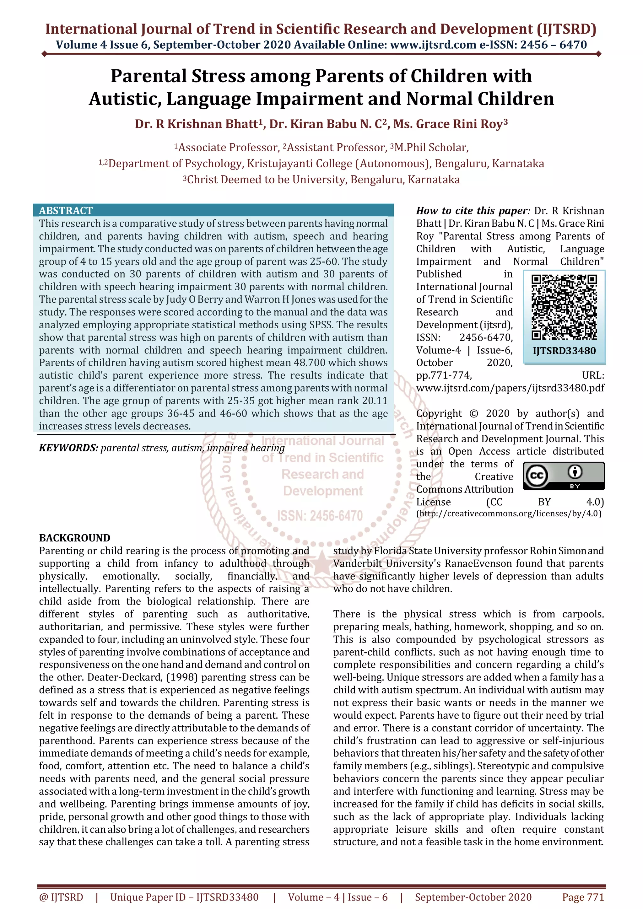 Parental Stress among Parents of Children with Autistic, Language ...