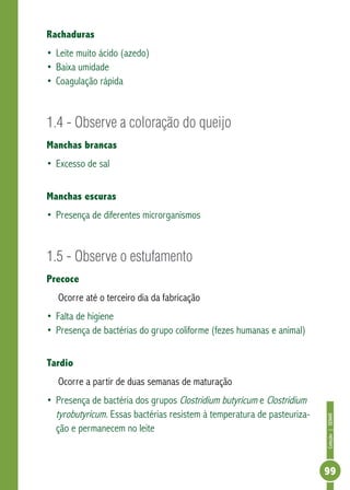Coleção | SENAR 
99 
Rachaduras 
• Leite muito ácido (azedo) 
• Baixa umidade 
• Coagulação rápida 
1.4 - Observe a coloração do queijo 
Manchas brancas 
• Excesso de sal 
Manchas escuras 
• Presença de diferentes microrganismos 
1.5 - Observe o estufamento 
Precoce 
Ocorre até o terceiro dia da fabricação 
• Falta de higiene 
• Presença de bactérias do grupo coliforme (fezes humanas e animal) 
Tardio 
Ocorre a partir de duas semanas de maturação 
• Presença de bactéria dos grupos Clostridium butyricum e Clostridium 
tyrobutyricum. Essas bactérias resistem à temperatura de pasteuriza-ção 
e permanecem no leite 
 