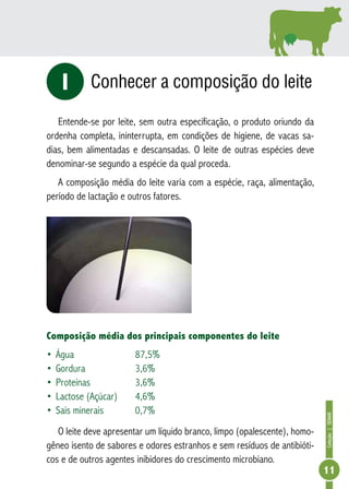 Coleção | SENAR 
11 
Conhecer a composição do leite 
i 
Entende-se por leite, sem outra especificação, o produto oriundo da 
ordenha completa, ininterrupta, em condições de higiene, de vacas sa-dias, 
bem alimentadas e descansadas. O leite de outras espécies deve 
denominar-se segundo a espécie da qual proceda. 
A composição média do leite varia com a espécie, raça, alimentação, 
período de lactação e outros fatores. 
Composição média dos principais componentes do leite 
• Água 87,5% 
• Gordura 3,6% 
• Proteínas 3,6% 
• Lactose (Açúcar) 4,6% 
• Sais minerais 0,7% 
O leite deve apresentar um líquido branco, limpo (opalescente), homo-gêneo 
isento de sabores e odores estranhos e sem resíduos de antibióti-cos 
e de outros agentes inibidores do crescimento microbiano. 
 