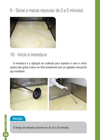 Coleção | SENAR 36 
9 - Deixe a massa repousar de 3 a 5 minutos 
10 - Inicie a mexedura 
A mexedura é a agitação da coalhada para expulsar o soro e evitar 
quebra dos grãos e deve ser feita lentamente com um agitador manual de 
aço inoxidável. 
Atenção: 
O tempo de mexedura deverá ser de 20 a 30 minutos. 
 