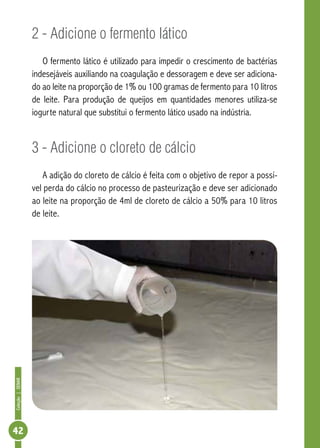 Coleção | SENAR 42 
2 - Adicione o fermento lático 
O fermento lático é utilizado para impedir o crescimento de bactérias 
indesejáveis auxiliando na coagulação e dessoragem e deve ser adiciona-do 
ao leite na proporção de 1% ou 100 gramas de fermento para 10 litros 
de leite. Para produção de queijos em quantidades menores utiliza-se 
iogurte natural que substitui o fermento lático usado na indústria. 
3 - Adicione o cloreto de cálcio 
A adição do cloreto de cálcio é feita com o objetivo de repor a possí-vel 
perda do cálcio no processo de pasteurização e deve ser adicionado 
ao leite na proporção de 4ml de cloreto de cálcio a 50% para 10 litros 
de leite. 
 