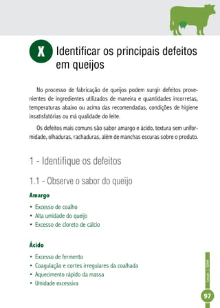 Coleção | SENAR 
97 
Identificar os principais defeitos 
em queijos 
x 
No processo de fabricação de queijos podem surgir defeitos prove-nientes 
de ingredientes utilizados de maneira e quantidades incorretas, 
temperaturas abaixo ou acima das recomendadas, condições de higiene 
insatisfatórias ou má qualidade do leite. 
Os defeitos mais comuns são sabor amargo e ácido, textura sem unifor-midade, 
olhaduras, rachaduras, além de manchas escuras sobre o produto. 
1 - Identifique os defeitos 
1.1 - Observe o sabor do queijo 
Amargo 
• Excesso de coalho 
• Alta umidade do queijo 
• Excesso de cloreto de cálcio 
Ácido 
• Excesso de fermento 
• Coagulação e cortes irregulares da coalhada 
• Aquecimento rápido da massa 
• Umidade excessiva 
 