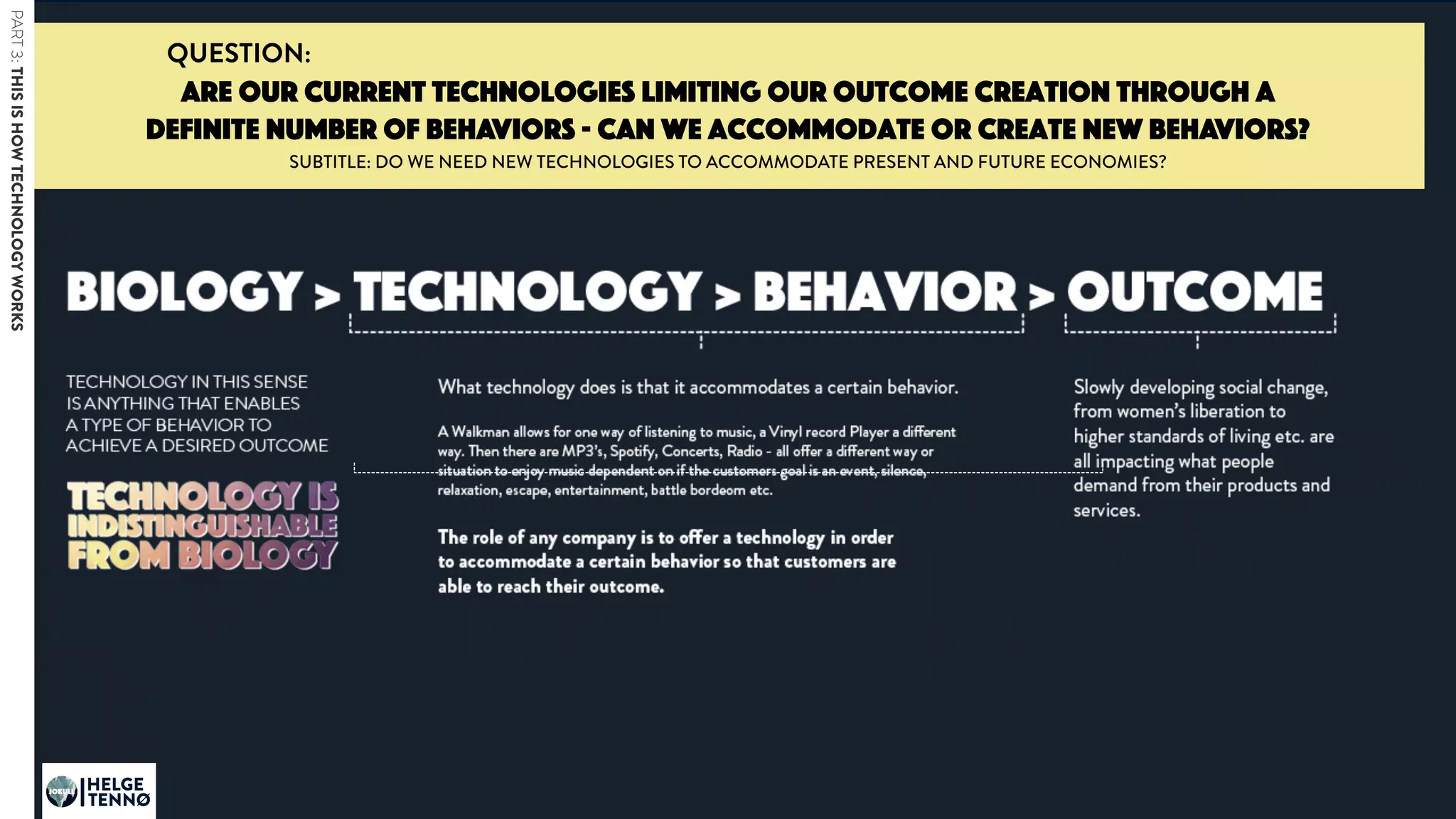 are our current technologies limiting our outcome creation through a
definite number of behaviors - can we accommodate or create new behaviors?
SUBTITLE: DO WE NEED NEW TECHNOLOGIES TO ACCOMMODATE PRESENT AND FUTURE ECONOMIES?
QUESTION:
PART3:THISISHOWTECHNOLOGYWORKS
HELGE
TENNØ
JOKULL
 