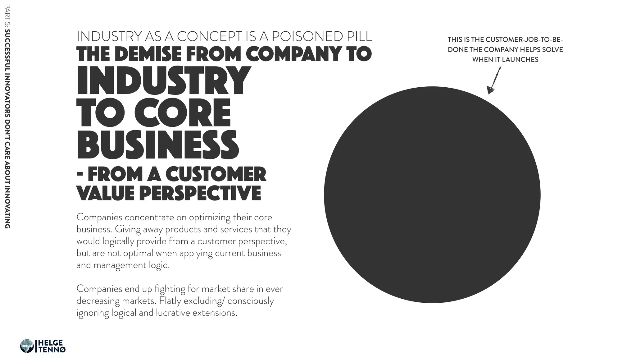 INDUSTRY
TO CORE
BUSINESS
THE DEMISE FROM COMPANY TO
INDUSTRY AS A CONCEPT IS A POISONED PILL
- FROM A CUSTOMER
VALUE PERSPECTIVE
Companies concentrate on optimizing their core
business. Giving away products and services that they
would logically provide from a customer perspective,
but are not optimal when applying current business
and management logic.
Companies end up ﬁghting for market share in ever
decreasing markets. Flatly excluding/ consciously
ignoring logical and lucrative extensions.
THIS IS THE CUSTOMER-JOB-TO-BE-
DONE THE COMPANY HELPS SOLVE
WHEN IT LAUNCHES
PART5:SUCCESSFULINNOVATORSDON’TCAREABOUTINNOVATING
HELGE
TENNØ
JOKULL
 