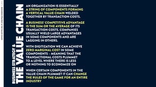 AN ORGANIZATION IS ESSENTIALLY  
A STRING OF COMPONENTS FORMING  
A VERTICAL VALUE CHAIN WELDED
TOGETHER BY TRANSACTION COSTS.
A BUSINESS’ COMPETITIVE ADVANTAGE
IS THE SUM OR THE AVERAGE OF ITS
TRANSACTION COSTS. COMPANIES
USUALLY WIELD LARGE ADVANTAGES  
IN SOME COMPONENTS AND ARE
LAGGING IN OTHERS.
WITH DIGITIZATION WE CAN ACHIEVE
ZERO MARGINAL COST IN SOME
COMPONENTS – MEANING THAT THE
TRANSACTIONAL COSTS PLUMMET  
TO A LEVEL WHERE THERE IS LESS  
OR NOTHING TO ECONOMIZE ON
WHEN CERTAIN COMPONENTS IN THE
VALUE CHAIN PLUMMET IT CAN CHANGE
THE RULES OF THE GAME FOR AN ENTIRE
INDUSTRY
thevaluechain
BUSINESSSTRATEGY&
PART4:BUSINESSSTRATEGY&THEVALUECHAIN
 