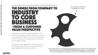 INDUSTRY
TO CORE
BUSINESS
THE DEMISE FROM COMPANY TO
INDUSTRY AS A CONCEPT IS A POISONED PILL
- FROM A CUSTOMER
VALUE PERSPECTIVE
Companies concentrate on optimizing their core
business. Giving away products and services that they
would logically provide from a customer perspective,
but are not optimal when applying current business
and management logic.
Companies end up ﬁghting for market share in ever
decreasing markets. Flatly excluding/ consciously
ignoring logical and lucrative extensions.
THIS IS THE JOB IT IS HELPING
CUSTOMERS SOLVE TODAY
[COMPANIES GET STUCK IN THE IDEA OF THE ORIGINAL JOB. NOT SEEING THAT AS PEOPLE ARE
PERFORMING AND SOLVING THE JOB THEY REDESIGN AND FRAGMENT IT. COMPANIES GET
STUCK ON THE MAIN DESIGN, IGNORING CONCIOUSLY THE EXTENSIONS THAT EMERGE]
PART5:SUCCESSFULINNOVATORSDON’TCAREABOUTINNOVATING
HELGE
TENNØ
JOKULL
 