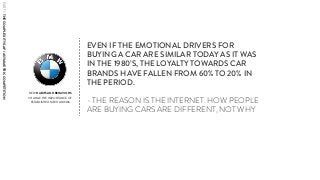 NEW HABITS AND BEHAVIORS
CHANGE THE IMPORTANCE OF
ESTABLISHED MECHANISMS
EVEN IF THE EMOTIONAL DRIVERS FOR
BUYING A CAR ARE SIMILAR TODAY AS IT WAS
IN THE 1980’S, THE LOYALTY TOWARDS CAR
BRANDS HAVE FALLEN FROM 60% TO 20% IN
THE PERIOD.
- THE REASON IS THE INTERNET. HOW PEOPLE
ARE BUYING CARS ARE DIFFERENT, NOT WHY
PART1:THECOMPLEXITYGAP/ASYMMETRICCOMPETITION
 