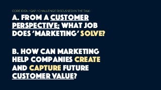 CORE IDEA / GAP / CHALLENGE DISCUSSED IN THE TALK:
A. from a customer
perspective; what job
does ‘marketing’ solve?
B. how can MARKETING
help companies CREATE
AND capture future
customer value?
 