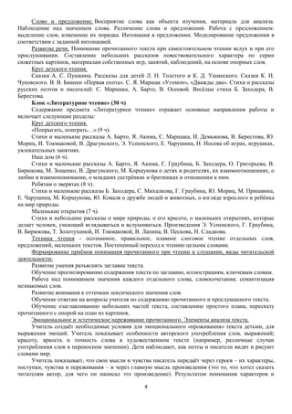 Слово и предложение. Восприятие слова как объекта изучения, материала для анализа.
Наблюдение над значением слова. Различение слова и предложения. Работа с предложением:
выделение слов, изменение их порядка. Интонация в предложении. Моделирование предложения в
соответствии с заданной интонацией.
Развитие речи. Понимание прочитанного текста при самостоятельном чтении вслух и при его
прослушивании. Составление небольших рассказов повествовательного характера по серии
сюжетных картинок, материалам собственных игр, занятий, наблюдений, на основе опорных слов.
Круг детского чтения.
Сказки А. С. Пушкина. Рассказы для детей Л. Н. Толстого и К. Д. Ушинского. Сказки К. И.
Чуковского. В. В. Бианки «Первая охота». С. Я. Маршак «Угомон», «Дважды два». Стихи и рассказы
русских поэтов и писателей: С. Маршака, А. Барто, В. Осеевой. Весѐлые стихи Б. Заходера, В.
Берестова.
Блок «Литературное чтение» (30 ч)
Содержание предмета «Литературное чтение» отражает основные направления работы и
включает следующие разделы:
Круг детского чтения.
«Попрыгать, поиграть…» (9 ч).
Стихи и маленькие рассказы А. Барто, Я. Акима, С. Маршака, И. Демьянова, В. Берестова, Ю.
Мориц, И. Токмаковой, В. Драгунского, Э. Успенского, Е. Чарушина, Н. Носова об играх, игрушках,
увлекательных занятиях.
Наш дом (6 ч).
Стихи и маленькие рассказы А. Барто, Я. Акима, Г. Граубина, Б. Заходера, О. Григорьева, В.
Бирюкова, М. Зощенко, В. Драгунского, М. Коршунова о детях и родителях, их взаимоотношениях, о
любви и взаимопонимании, о младших сестрѐнках и братишках и отношении к ним.
Ребятам о зверятах (8 ч).
Стихи и маленькие рассказы Б. Заходера, С. Михалкова, Г. Граубина, Ю. Мориц, М. Пришвина,
Е. Чарушина, М. Коршунова, Ю. Коваля о дружбе людей и животных, о взгляде взрослого и ребѐнка
на мир природы.
Маленькие открытия (7 ч).
Стихи и небольшие рассказы о мире природы, о его красоте, о маленьких открытиях, которые
делает человек, умеющий вглядываться и вслушиваться. Произведения Э. Успенского, Г. Граубина,
В. Бирюкова, Т. Золотухиной, И. Токмаковой, В. Лапина, В. Пескова, Н. Сладкова.
Техника чтения - осознанное, правильное, плавное слоговое чтение отдельных слов,
предложений, маленьких текстов. Постепенный переход к чтению целыми словами.
Формирование приѐмов понимания прочитанного при чтении и слушании, виды читательской
деятельности:
Развитие умения разъяснять заглавие текста.
Обучение прогнозированию содержания текста по заглавию, иллюстрациям, ключевым словам.
Работа над пониманием значения каждого отдельного слова, словосочетания; семантизация
незнакомых слов.
Развитие внимания к оттенкам лексического значения слов.
Обучение ответам на вопросы учителя по содержанию прочитанного и прослушанного текста.
Обучение озаглавливанию небольших частей текста, составлению простого плана, пересказу
прочитанного с опорой на план из картинок.
Эмоциональное и эстетическое переживание прочитанного. Элементы анализа текста.
Учитель создаѐт необходимые условия для эмоционального «проживания» текста детьми, для
выражения эмоций. Учитель показывает особенности авторского употребления слов, выражений;
красоту, яркость и точность слова в художественном тексте (например, различные случаи
употребления слов в переносном значении). Дети наблюдают, как поэты и писатели видят и рисуют
словами мир.
Учитель показывает, что свои мысли и чувства писатель передаѐт через героев – их характеры,
поступки, чувства и переживания – и через главную мысль произведения (это то, что хотел сказать
читателям автор, для чего он написал это произведение). Результатом понимания характеров и
4

 