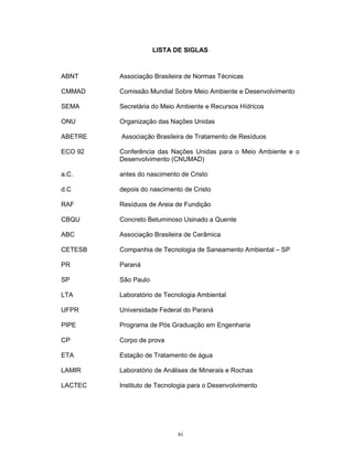 xi
LISTA DE SIGLAS
ABNT Associação Brasileira de Normas Técnicas
CMMAD Comissão Mundial Sobre Meio Ambiente e Desenvolvimento
SEMA Secretária do Meio Ambiente e Recursos Hídricos
ONU Organização das Nações Unidas
ABETRE Associação Brasileira de Tratamento de Resíduos
ECO 92 Conferência das Nações Unidas para o Meio Ambiente e o
Desenvolvimento (CNUMAD)
a.C. antes do nascimento de Cristo
d.C depois do nascimento de Cristo
RAF Resíduos de Areia de Fundição
CBQU Concreto Betuminoso Usinado a Quente
ABC Associação Brasileira de Cerâmica
CETESB Companhia de Tecnologia de Saneamento Ambiental – SP
PR Paraná
SP São Paulo
LTA Laboratório de Tecnologia Ambiental
UFPR Universidade Federal do Paraná
PIPE Programa de Pós Graduação em Engenharia
CP Corpo de prova
ETA Estação de Tratamento de água
LAMIR Laboratório de Análises de Minerais e Rochas
LACTEC Instituto de Tecnologia para o Desenvolvimento
 