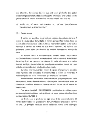 17
ligas diferentes, dependendo da peça que está sendo produzida. Elas podem
apresentar ligas de ferro fundido cinzento (grafite lamelar) ou ferro fundido nodular
(grafite esferoidal) através de moldações em areia verde e areia cura frio.
2.5 RESÍDUOS SÓLIDOS INDUSTRIAIS DO SETOR SIDERÚRGICO,
GALVÂNICO E AUTOMOBILISTICO.
2.5.1 Escória ferrosa
O resíduo em questão é proveniente do processo de produção de ferro. A
escória é o sub-produto da fundição de minério para purificar metais. Pode ser
considerada uma mistura de óxidos metálicos mas também podem conter sulfitos
metálicos e átomos de metais na sua forma elementar. As escórias são
geralmente usadas como uma maneira de remover impurezas na fundição de
metal.
No entanto, devido à sua constituição, também podem cumprir outras
funções tais como controlar as temperaturas de fusão e minimizar a re-oxidação
do produto final. Na natureza, os minérios do metal tais como ferro, cobre,
chumbo, alumínio e outros metais são encontrados num estado impuro, por vezes
oxidados e misturados com silicatos de outros metais.
Durante a fundição, quando o minério é exposto a temperaturas elevadas,
estas impurezas são separadas do metal fundido e podem ser removidas. A
massa composta por esses compostos e que é removida é a escória.
Industrialmente, destacamos a escória ferrosa, que pela presença deste
metal pesado, afeta o sistema nervoso, a circulação e causam danos renais em
crianças produz efeitos adversos no desenvolvimento físico e mental, mesmo em
baixos níveis.
Pela norma da ABNT, NBR 10004/2004, que identifica os resíduos quanto
aos seus riscos potenciais ao meio ambiente e a saúde publica, classificando-os
como perigosos (CLASSE I);
No Brasil, onde a produção de aço anual é de aproximadamente 30
milhões de toneladas, são gerados cerca de 1,2 milhões de toneladas de resíduos
por ano. Os principais resíduos sólidos recicláveis numa usina siderúrgica
 