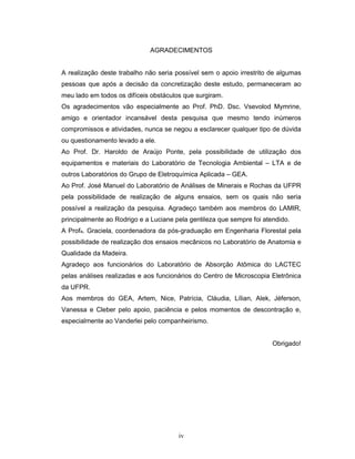 iv
AGRADECIMENTOS
A realização deste trabalho não seria possível sem o apoio irrestrito de algumas
pessoas que após a decisão da concretização deste estudo, permaneceram ao
meu lado em todos os difíceis obstáculos que surgiram.
Os agradecimentos vão especialmente ao Prof. PhD. Dsc. Vsevolod Mymrine,
amigo e orientador incansável desta pesquisa que mesmo tendo inúmeros
compromissos e atividades, nunca se negou a esclarecer qualquer tipo de dúvida
ou questionamento levado a ele.
Ao Prof. Dr. Haroldo de Araújo Ponte, pela possibilidade de utilização dos
equipamentos e materiais do Laboratório de Tecnologia Ambiental – LTA e de
outros Laboratórios do Grupo de Eletroquímica Aplicada – GEA.
Ao Prof. José Manuel do Laboratório de Análises de Minerais e Rochas da UFPR
pela possibilidade de realização de alguns ensaios, sem os quais não seria
possível a realização da pesquisa. Agradeço também aos membros do LAMIR,
principalmente ao Rodrigo e a Luciane pela gentileza que sempre foi atendido.
A Profa. Graciela, coordenadora da pós-graduação em Engenharia Florestal pela
possibilidade de realização dos ensaios mecânicos no Laboratório de Anatomia e
Qualidade da Madeira.
Agradeço aos funcionários do Laboratório de Absorção Atômica do LACTEC
pelas análises realizadas e aos funcionários do Centro de Microscopia Eletrônica
da UFPR.
Aos membros do GEA, Artem, Nice, Patrícia, Cláudia, Lílian, Alek, Jéferson,
Vanessa e Cleber pelo apoio, paciência e pelos momentos de descontração e,
especialmente ao Vanderlei pelo companheirismo.
Obrigado!
 