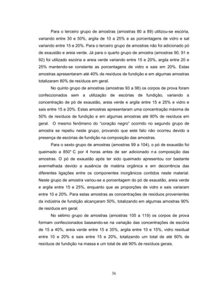 36
Para o terceiro grupo de amostras (amostras 80 a 89) utilizou-se escória,
variando entre 30 e 50%, argila de 10 a 25% e as porcentagens de vidro e sal
variando entre 15 e 20%. Para o terceiro grupo de amostras não foi adicionado pó
de exaustão e areia verde. Já para o quarto grupo de amostra (amostras 90, 91 e
92) foi utilizado escória e areia verde variando entre 15 e 20%, argila entre 20 e
25% mantendo-se constante as porcentagens de vidro e sais em 20%. Estas
amostras apresentaram até 40% de resíduos de fundição e em algumas amostras
totalizaram 80% de resíduos em geral.
No quinto grupo de amostras (amostras 93 a 98) os corpos de prova foram
confeccionados sem a utilização de escórias de fundição, variando a
concentração de pó de exaustão, areia verde e argila entre 15 e 25% e vidro e
sais entre 15 e 20%. Estas amostras apresentaram uma concentração máxima de
50% de resíduos de fundição e em algumas amostras até 90% de resíduos em
geral. O mesmo fenômeno do “coração negro” ocorrido no segundo grupo de
amostra se repetiu neste grupo, provando que este fato não ocorreu devido a
presença de escórias de fundição na composição das amostras.
Para o sexto grupo de amostras (amostras 99 a 104), o pó de exaustão foi
queimado a 850° C por 4 horas antes de ser adicionado n a composição das
amostras. O pó de exaustão após ter sido queimado apresentou cor bastante
avermelhada devido a ausência de matéria orgânica e em decorrência das
diferentes ligações entre os componentes inorgânicos contidos neste material.
Neste grupo de amostra variou-se a porcentagem do pó de exaustão, areia verde
e argila entre 15 e 25%, enquanto que as proporções de vidro e sais variaram
entre 10 e 20%. Para estas amostras as concentrações de resíduos provenientes
da indústria de fundição alcançaram 50%, totalizando em algumas amostras 90%
de resíduos em geral.
No sétimo grupo de amostras (amostras 105 a 119) os corpos de prova
formam confeccionados baseando-se na variação das concentrações de escória
de 15 a 40%, areia verde entre 15 e 35%, argila entre 10 e 15%, vidro residual
entre 10 e 20% e sais entre 15 e 20%, totalizando um total de até 60% de
resíduos de fundição na massa e um total de até 90% de resíduos gerais.
 