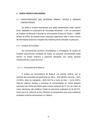 46
4 RESULTADOS E DISCUSSÕES
4.1 CARACTERIZAÇÃO DAS MATÉRIAS PRIMAS: TESTES E ENSAIOS
LABORATORIAIS
Os testes e ensaios laboratoriais que serão apresentados neste capítulo
foram realizados no Laboratório de Tecnologia Ambiental – LTA, no Laboratório
de Análises de Minerais e Rochas da Universidade Federal do Paraná – LAMIR,
ambos na UFPR. As análises foram realizadas objetivando obter o maior número
de informações possíveis a respeito das matérias primas utilizadas na pesquisa.
4.1.1 Escórias de Fundição
Os conhecimentos químicos, mineralógicos e morfológicos da escória de
fundição proporcionam condições de avaliar as possíveis concentrações deste
resíduo na massa cerâmica e possíveis interações com outros resíduos
constituintes dos corpos de prova.
4.1.1.1 Fluorescência de Raios-X
A análise por fluorescência de Raios-X nos permite verificar que as
escórias são compostas principalmente por sílica – SiO2 (66,8%), alumina – Al2O3
(12,92%), óxido de manganês – MnO (6,31%) e óxido de ferro – Fe2O3 (5,8%).
Pode-se observar também a presença de concentrações de metais pesados
superiores aos limites permitidos pelas normas nacionais (Al, Cr, Fe, etc.) além de
outros elementos não metálicos O.total de elementos analisados foi de 99,74%,
sendo que E.A. refere-se ao Erro Absoluto do equipamento para cada substância
analisada conforme demonstrado na Tabela 2.
 