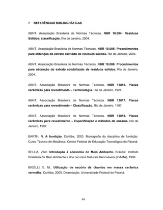 84
7 REFERÊNCIAS BIBLIOGRÁFICAS
ABNT. Associação Brasileira de Normas Técnicas. NBR 10.004: Resíduos
Sólidos: classificação. Rio de Janeiro, 2004.
ABNT. Associação Brasileira de Normas Técnicas. NBR 10.005: Procedimentos
para obtenção do extrato lixiviado de resíduos sólidos. Rio de Janeiro, 2004.
ABNT. Associação Brasileira de Normas Técnicas. NBR 10.006: Procedimentos
para obtenção do extrato solubilizado de resíduos sólidos. Rio de Janeiro,
2004.
ABNT. Associação Brasileira de Normas Técnicas. NBR 13816. Placas
cerâmicas para revestimento – Terminologia. Rio de Janeiro, 1997.
ABNT. Associação Brasileira de Normas Técnicas. NBR 13817. Placas
cerâmicas para revestimento – Classificação. Rio de Janeiro, 1997.
ABNT. Associação Brasileira de Normas Técnicas. NBR 13818. Placas
cerâmicas para revestimento – Especificação e métodos de ensaios. Rio de
Janeiro, 1997.
BARTH, N. A fundição. Curitiba, 2003. Monografia da disciplina de fundição.
Curso Técnico de Mecânica. Centro Federal de Educação Tecnológica do Paraná.
BELLIA, Vitor. Introdução à economia do Meio Ambiente. Brasília: Instituto
Brasileiro do Meio Ambiente e dos recursos Naturais Renováveis (IBAMA), 1996.
BIGÉLLI, E. M., Utilização de escória de chumbo em massa cerâmica
vermelha. Curitiba, 2005. Dissertação. Universidade Federal do Paraná.
 