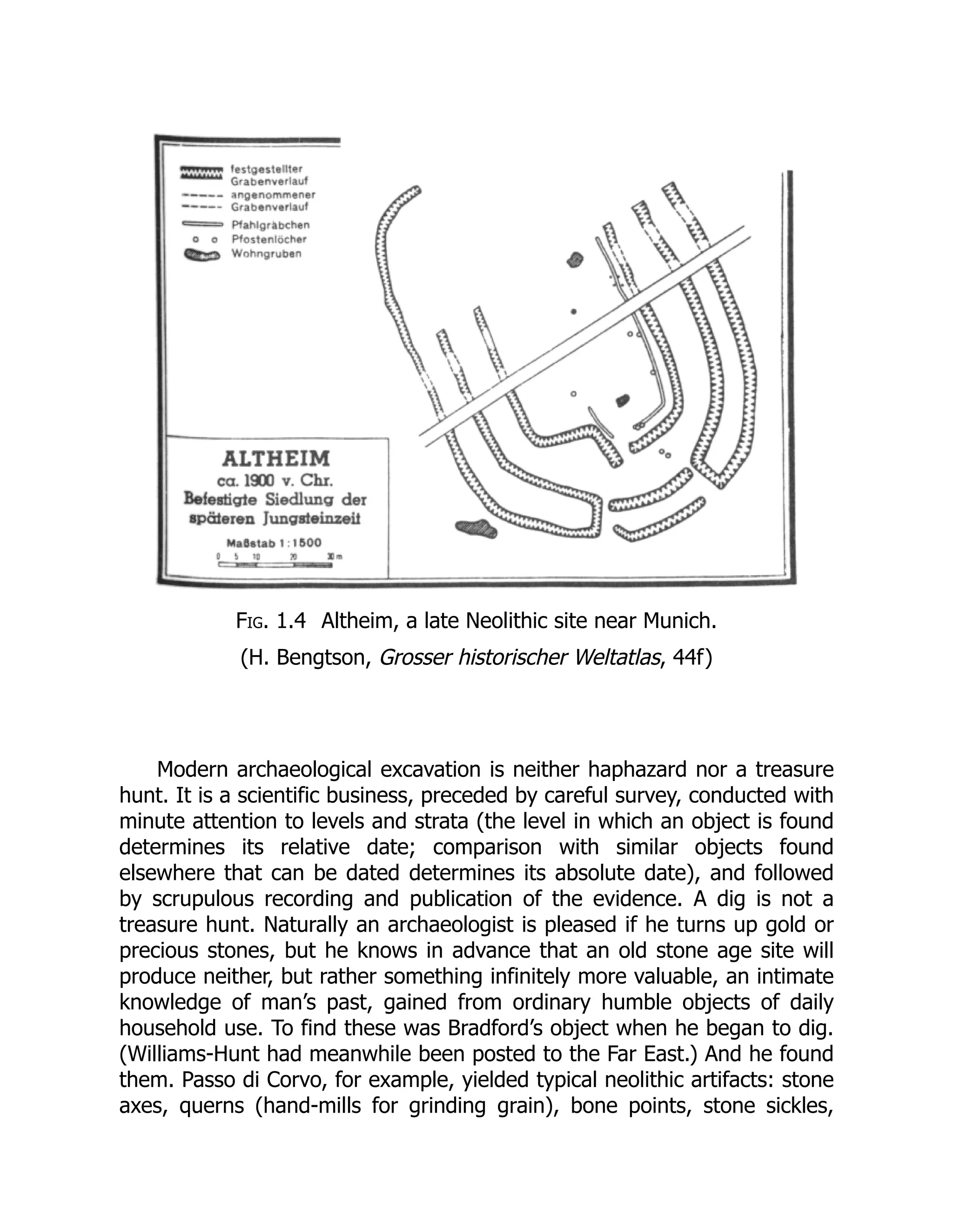 Fig. 1.4 Altheim, a late Neolithic site near Munich.
(H. Bengtson, Grosser historischer Weltatlas, 44f)
Modern archaeological excavation is neither haphazard nor a treasure
hunt. It is a scientific business, preceded by careful survey, conducted with
minute attention to levels and strata (the level in which an object is found
determines its relative date; comparison with similar objects found
elsewhere that can be dated determines its absolute date), and followed
by scrupulous recording and publication of the evidence. A dig is not a
treasure hunt. Naturally an archaeologist is pleased if he turns up gold or
precious stones, but he knows in advance that an old stone age site will
produce neither, but rather something infinitely more valuable, an intimate
knowledge of man’s past, gained from ordinary humble objects of daily
household use. To find these was Bradford’s object when he began to dig.
(Williams-Hunt had meanwhile been posted to the Far East.) And he found
them. Passo di Corvo, for example, yielded typical neolithic artifacts: stone
axes, querns (hand-mills for grinding grain), bone points, stone sickles,
 