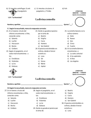b) 12 mesetas centrífugas: 6 anti
purgatorio y 6 purgatorio
c) 11 mesetas circulares: 4
purgatorio y 7 limbo
d) N.A
Ladivinacomedia
Nombre y apellido:____________________________________________________ Quinto“___”
V. Según lo escuchado, marca la respuesta correcta:
21. En el noveno círculo del
infierno encontramos a Dite,
conocido como:
a) Satanás
b) Lucifer
c) Hassassin
d) Bestia
e) Cerbero
22. Según el purgatorio, en el
sexto nivel encontramos a
los:
a) Envidiosos
b) Violentos
c) La ira
d) Golosos
23. Dante es guiado al paraíso
por el alma de:
a) Beatriz
b) Virgilio
c) Casio
d) Homero
e) San Gabriel
24. El paraíso está dividido en
esferas, donde el tercer
estrella es:
a) Luna
b) Sol
c) Venus
d) Marte
e) Júpiter
25. La estrella Saturno es la
esfera número:
a) Siete
b) Nueve
c) Seis
d) Cinco
e) Cuatro
26. En la estrella Géminis
encontramos a:
a) La corte celestial
b) A los apóstoles
c) A Dios
d) Los ángeles
Ladivinacomedia
Nombre y apellido:____________________________________________________ Quinto“___”
VI.Según lo escuchado, marca la respuesta correcta:
27. En el noveno círculo del
infierno encontramos a Dite,
conocido como:
a) Satanás
b) Lucifer
c) Hassassin
d) Bestia
e) Cerbero
28. Según el purgatorio, en el
sexto nivel encontramos a
los:
a) Envidiosos
b) Violentos
c) La ira
d) Golosos
29. Dante es guiado al paraíso por
el alma de:
a) Beatriz
b) Virgilio
c) Casio
d) Homero
e) San Gabriel
30. El paraíso está dividido en
esferas, donde el tercer
estrella es:
a) Luna
I.E.P. “La Anunciata”
LITERATURA
BIMESTRE – I UNIDAD
Quinto de secundaria
I.E.P. “La Anunciata”
LITERATURA
BIMESTRE – I UNIDAD
Quinto de secundaria
 